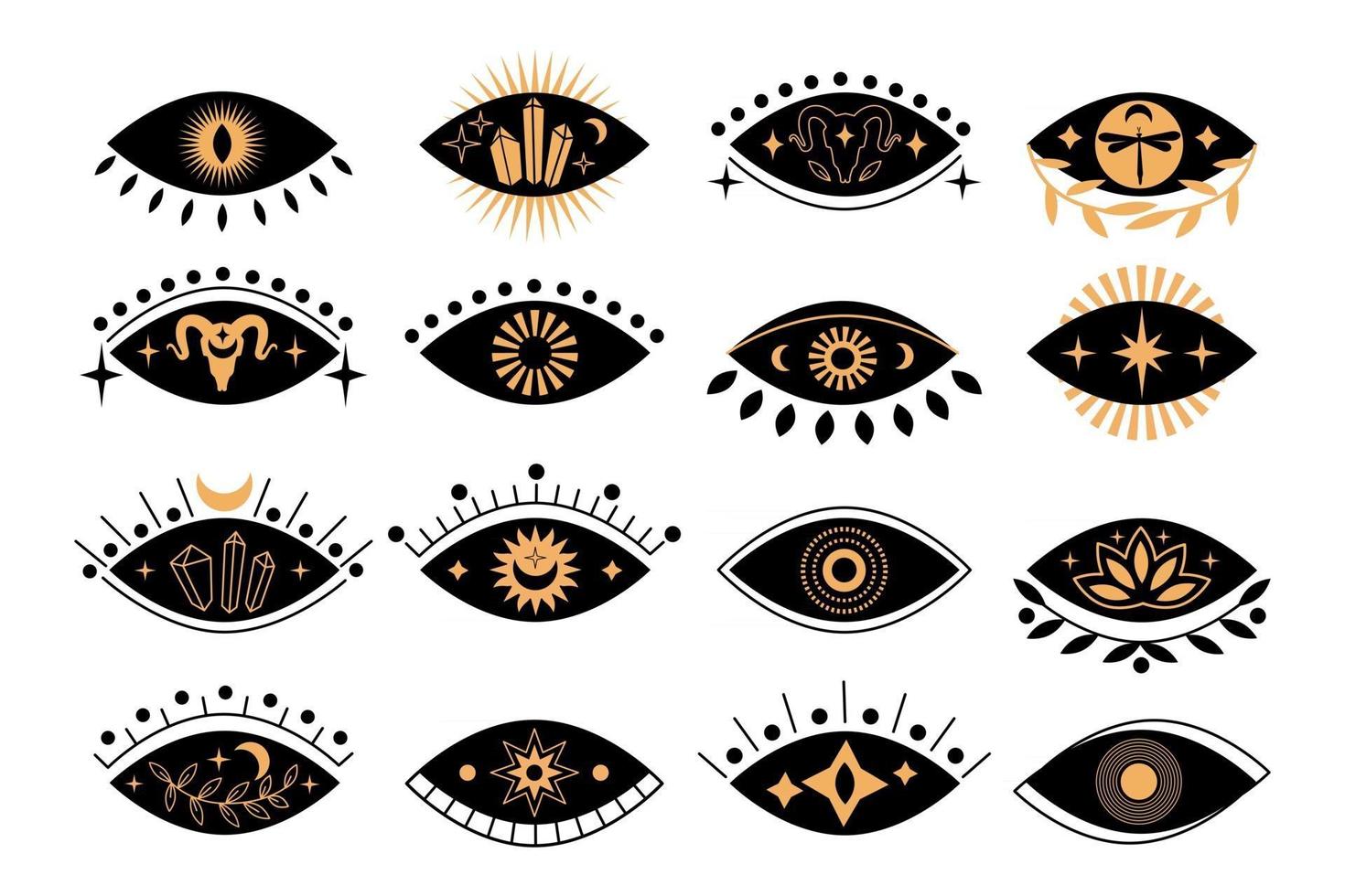 conjunto de ojos místicos de silueta boho con sol, luna creciente, cabra, loto, cristal en un estilo lineal minimalista de tendencia. ilustración isotérica de vector de colección. diseño para estampados de camisetas, carteles, tatuajes