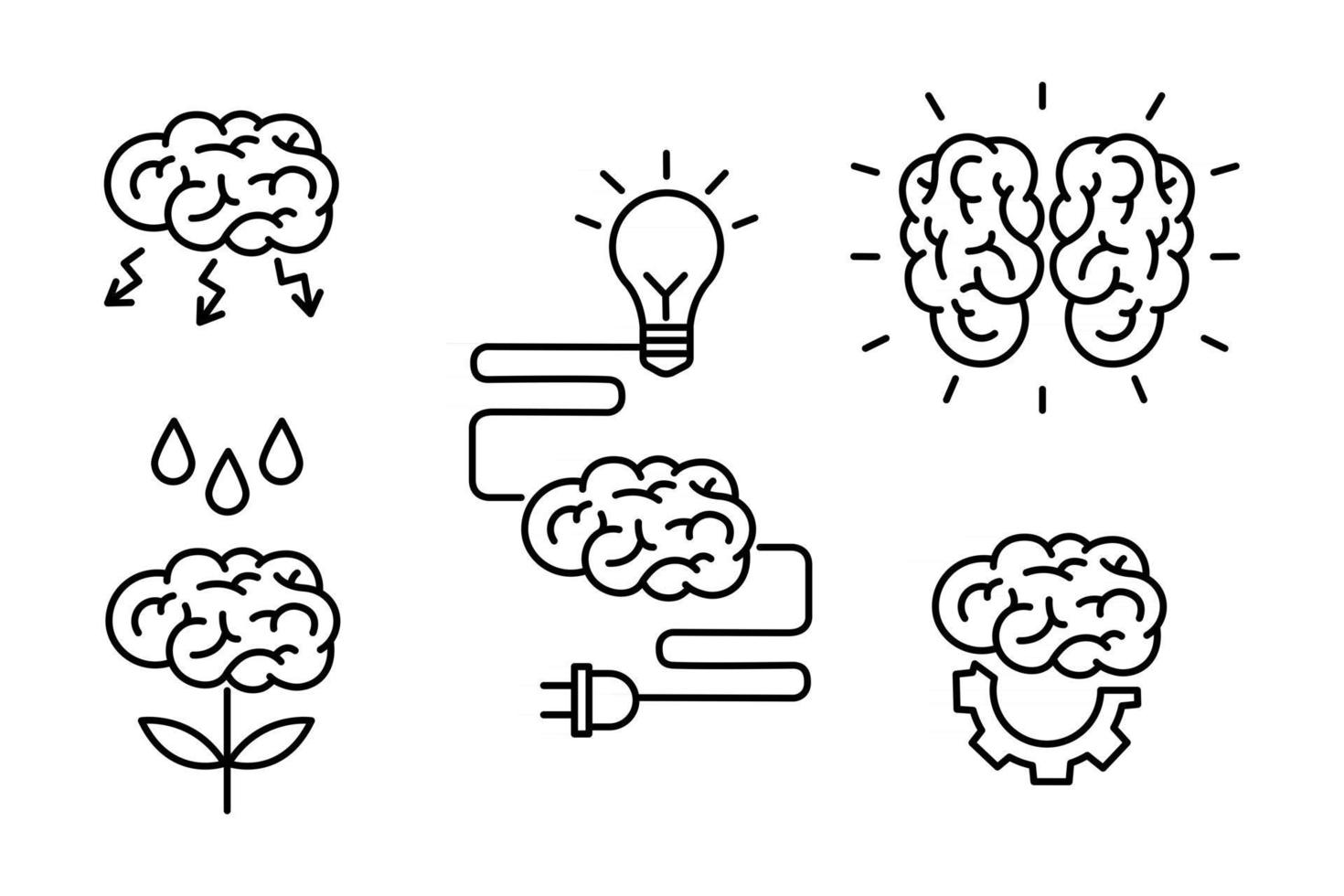 cerebro, lluvia de ideas, idea, creatividad, concepto de conocimiento establecer iconos en el estilo de contorno. colección de procesos de la mente humana, características cerebrales y emociones. Ilustración de vector doodle.