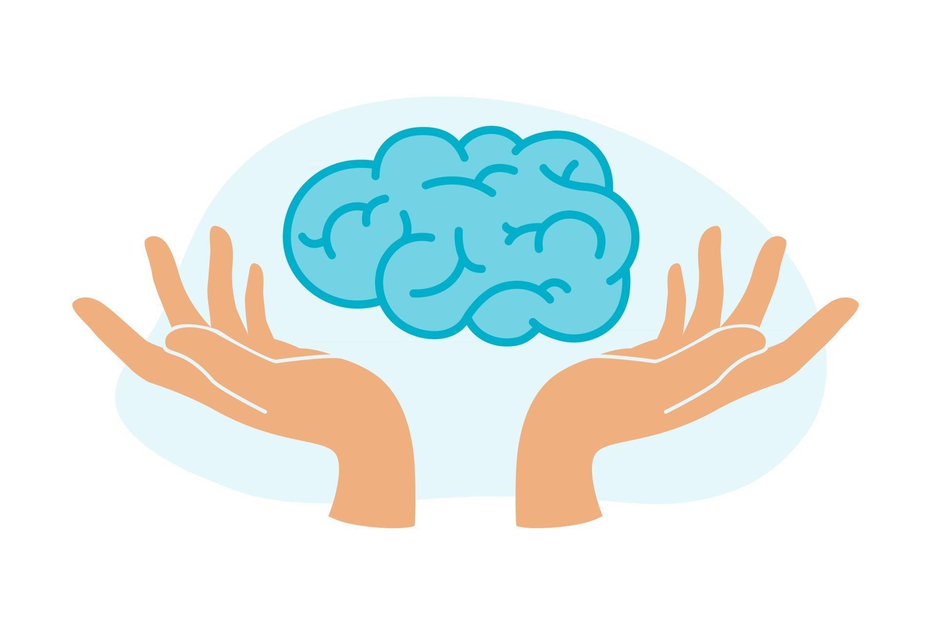 Human hands hold human brain. Mental health treatment. Psychology