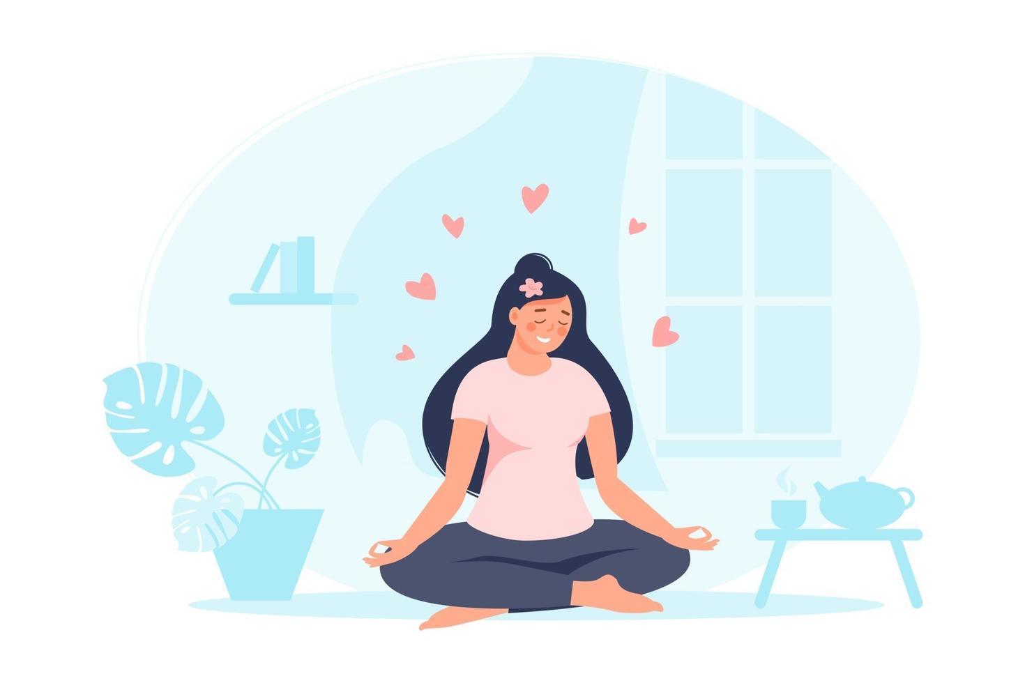 Woman sitting in lotus pose at home with plant, teapot, books, hearts. Female practicing yoga. Vector flat illustration. Concept of self care and healthy lifestyle for banner, landing page, card