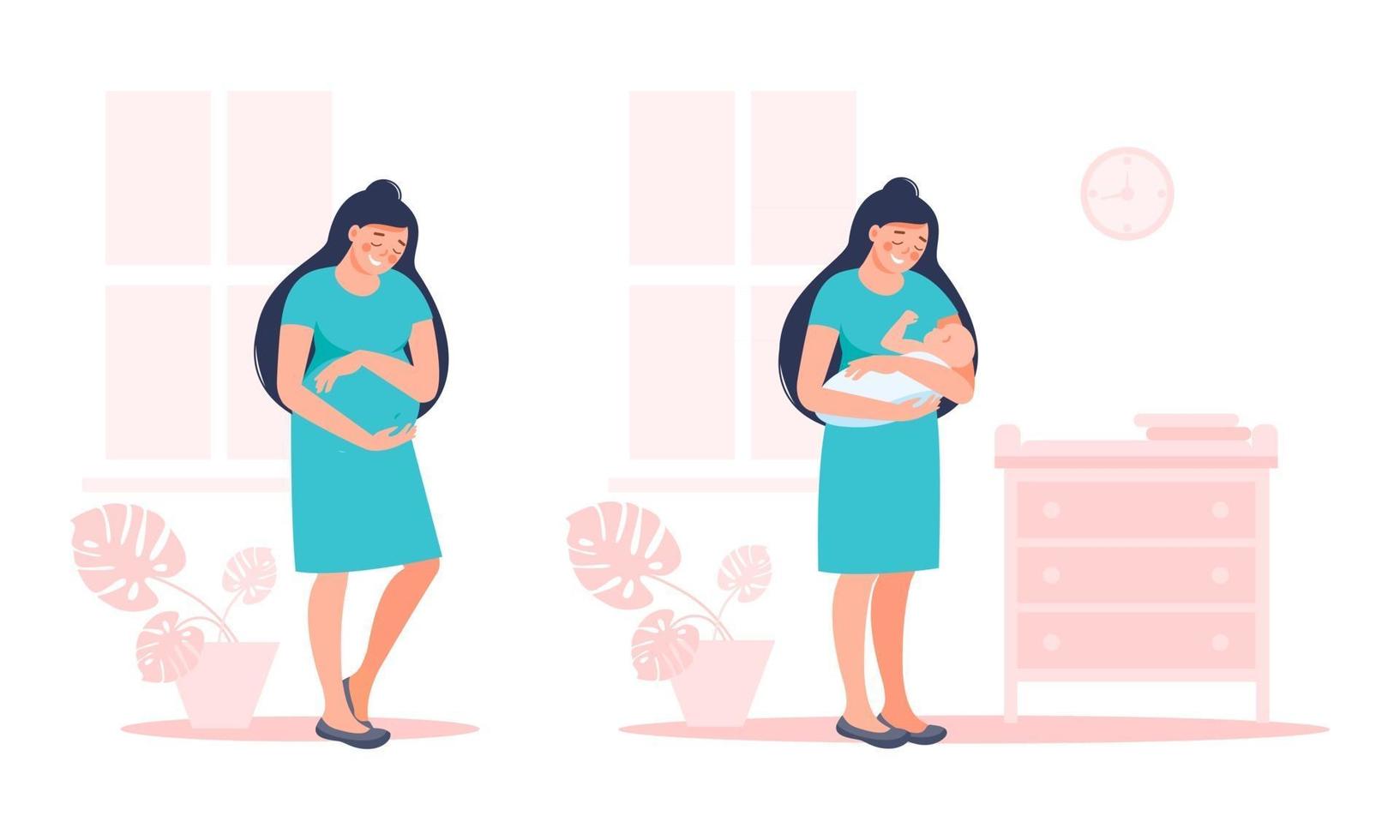 Pregnant future mother and female with newborn child. Pregnancy and maternity concept. Vector flat illustration.  Design cute young woman for poster, card, banner