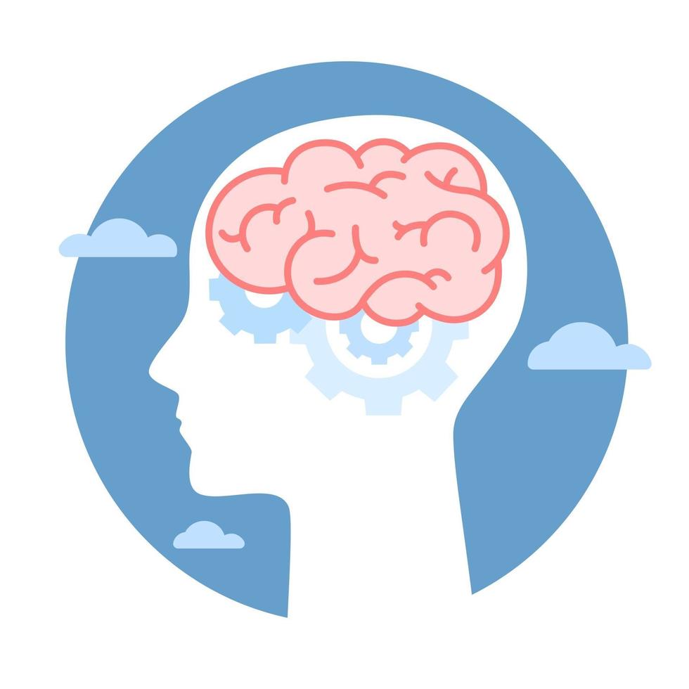 Silhouette of human head with brain, gear inside. Mental health , therapy, treatment, head thinking concepts. World Mental Health Day. Memory training, brain system, psychology, knowledge design vector