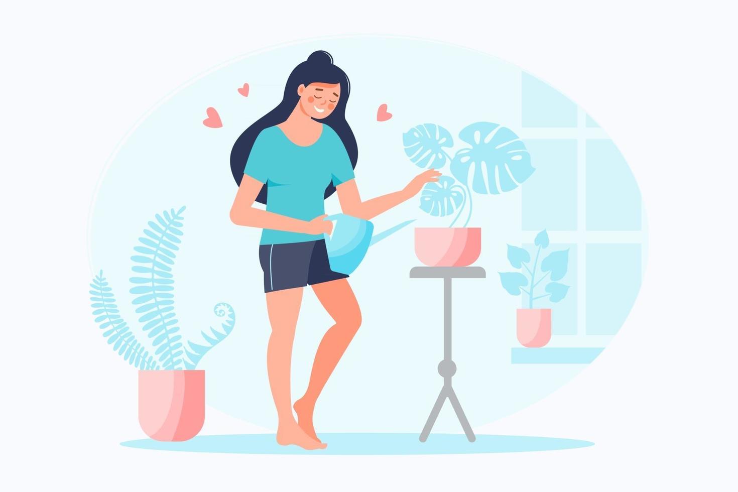 mujer sonriente feliz regando las plantas caseras con corazones rosas alrededor. autocuidado, ámate a ti mismo concepto. toma tiempo para ti mismo. vector ilustración plana. diseño para banner, página de destino, tarjeta