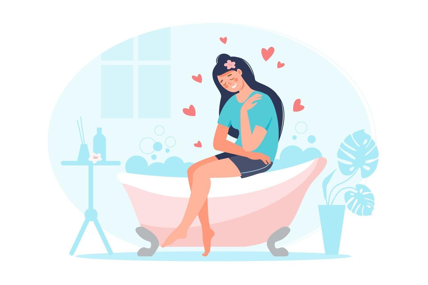 Love yourself concept. Female character spend time in the bathroom and relaxing. Smiling woman hug herself with hearts, plant, foam, bath, table. Design for banner, flyer, card vector