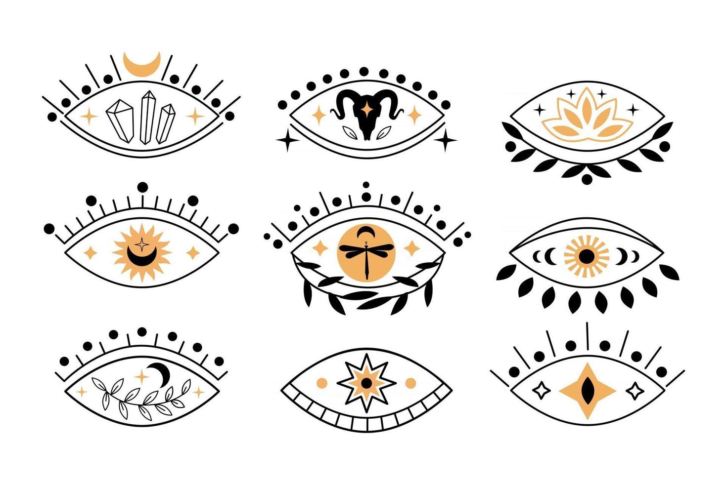 Set of boho mystical eyes icons with sun,  crescent moon, goat, lotus, cristal in trending minimal linear style. Collection vector isoteric illustration. Design for t-shirt prints, posters, tattoo