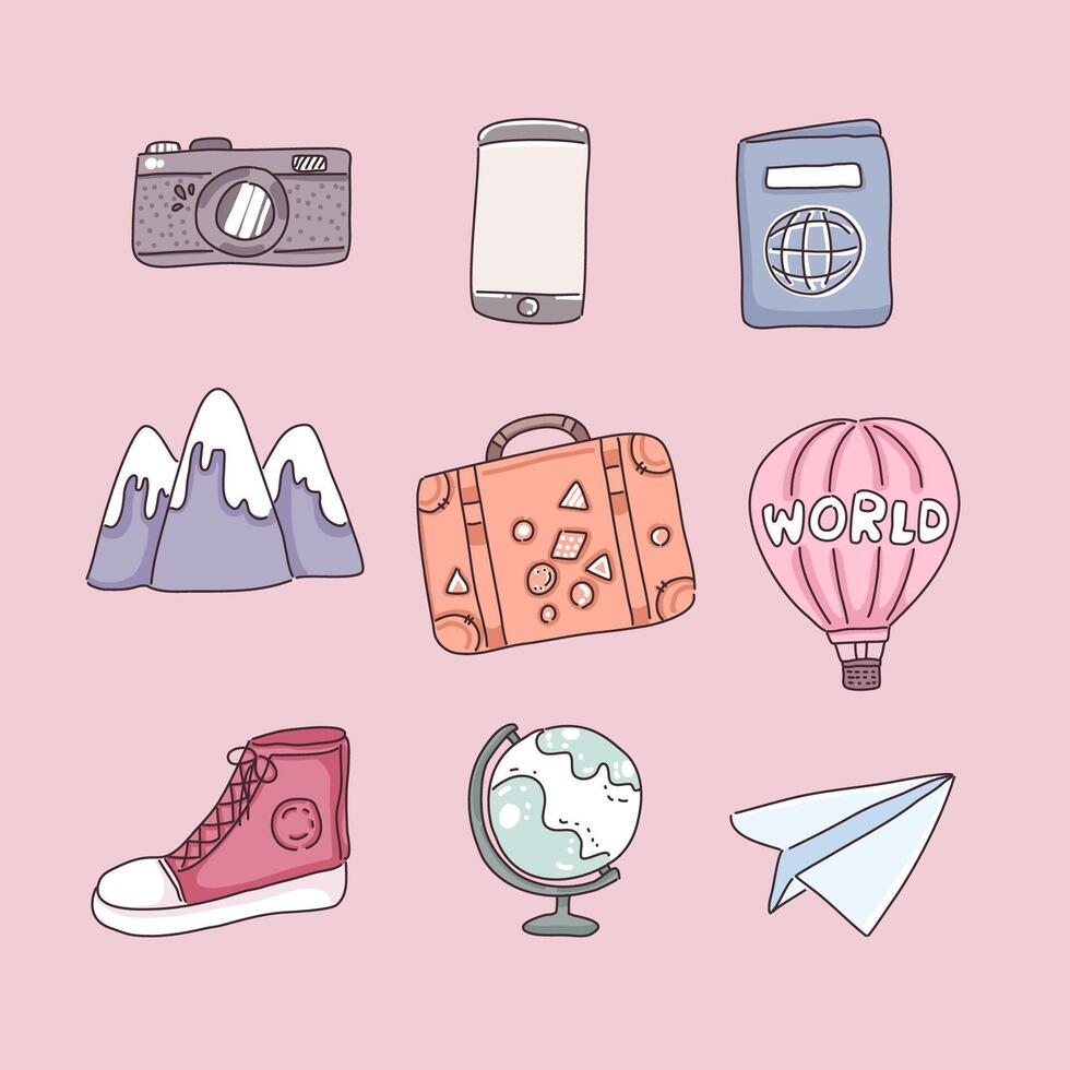 artículos para viajar en personaje de dibujos animados, vector