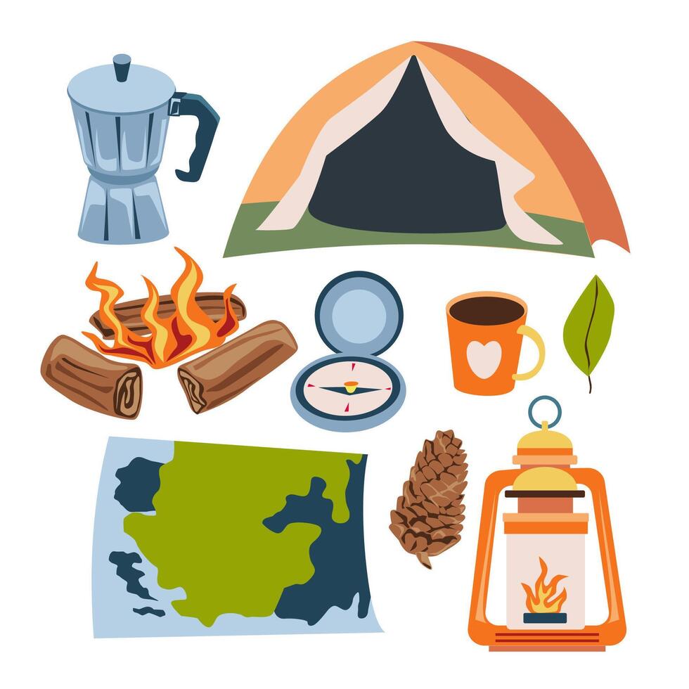 dibujo símbolo e iconos camping viajes en vector de dibujos animados