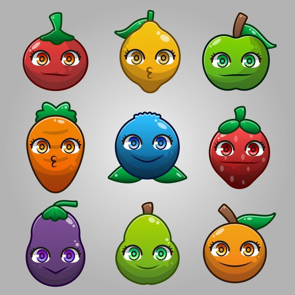 frutas y verduras con vector de dibujos animados de cara