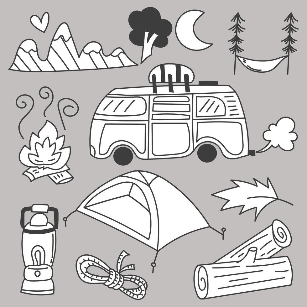 conjunto de viajes camping en vector de dibujos animados de vacaciones