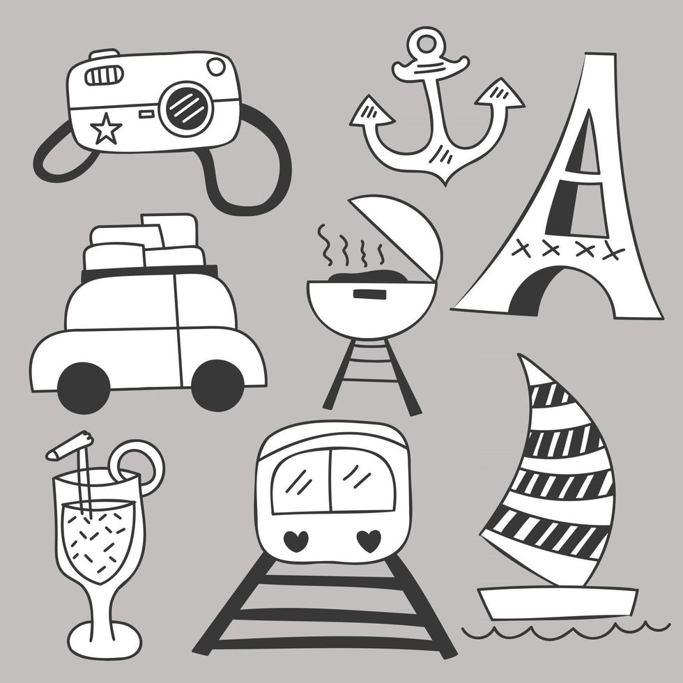 conjunto de viajes camping en vacaciones vector de dibujo a mano de dibujos animados