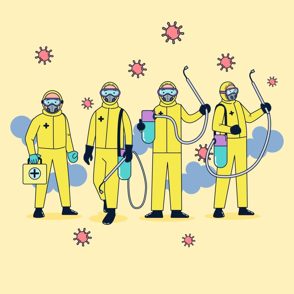 Public health workers wearing germ-resistant clothing and spraying disinfectant for the coronavirus in a large epidemic. vector