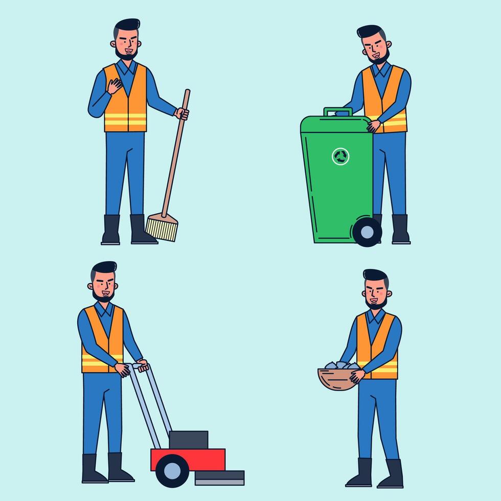 Park attendant takes care of cleaning, cleaning, cleaning, mowing, gardening. vector