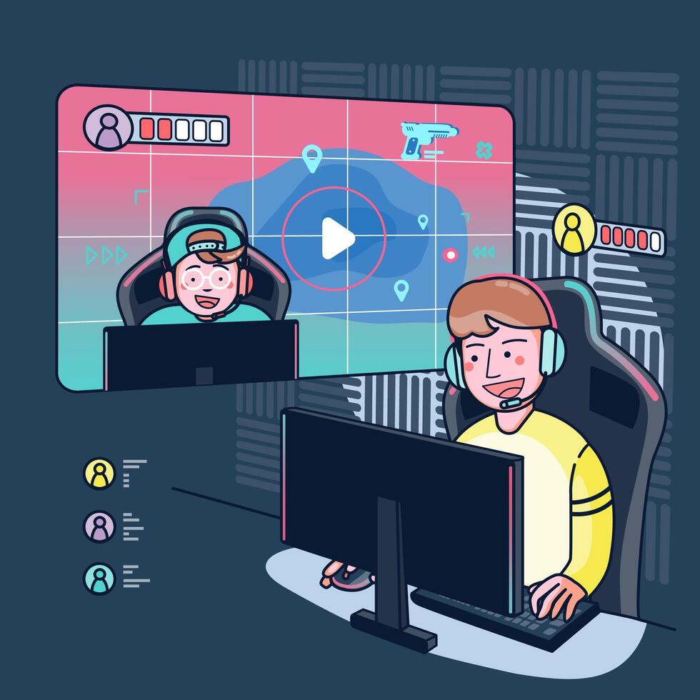 Bloggers play live games on their channels in a worldwide audience watch. vector