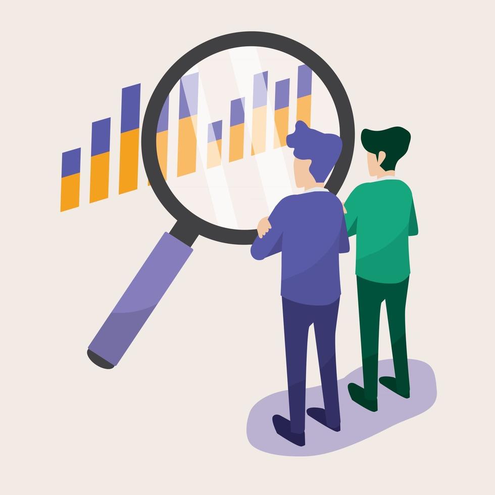 Business people looking graph with a magnifying glass vector