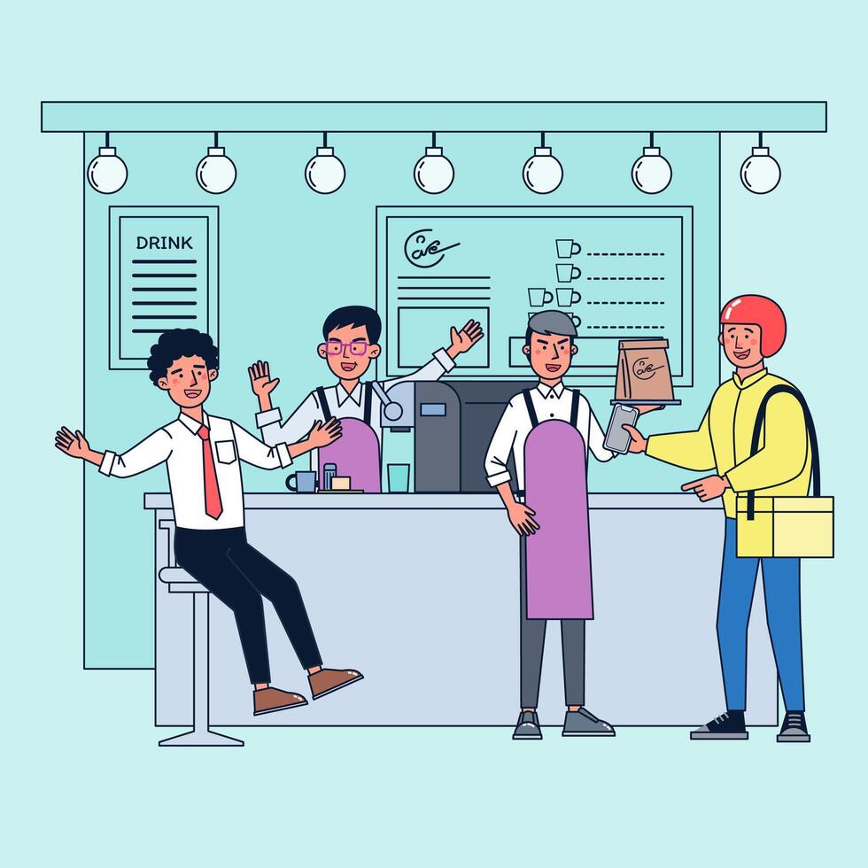 A young man opens a small coffee shop. Selling coffee and cake. vector