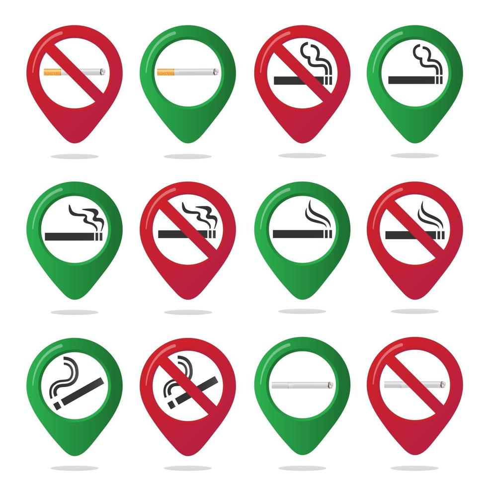 16 No smoking and smoking area marker map pin icon sign set with flat design gradient cigarette in the forbidden red circle. Symbol of the smoking area in the map apps isolated on white background. vector