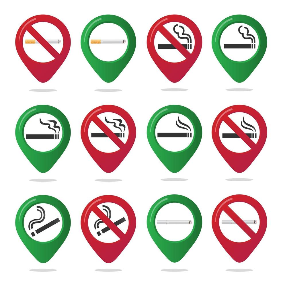 16 signo de icono de pin de mapa marcador de área de no fumar y fumar con cigarrillo de gradiente de diseño plano en el círculo rojo prohibido. símbolo de la zona de fumadores en las aplicaciones de mapas aisladas sobre fondo blanco. vector