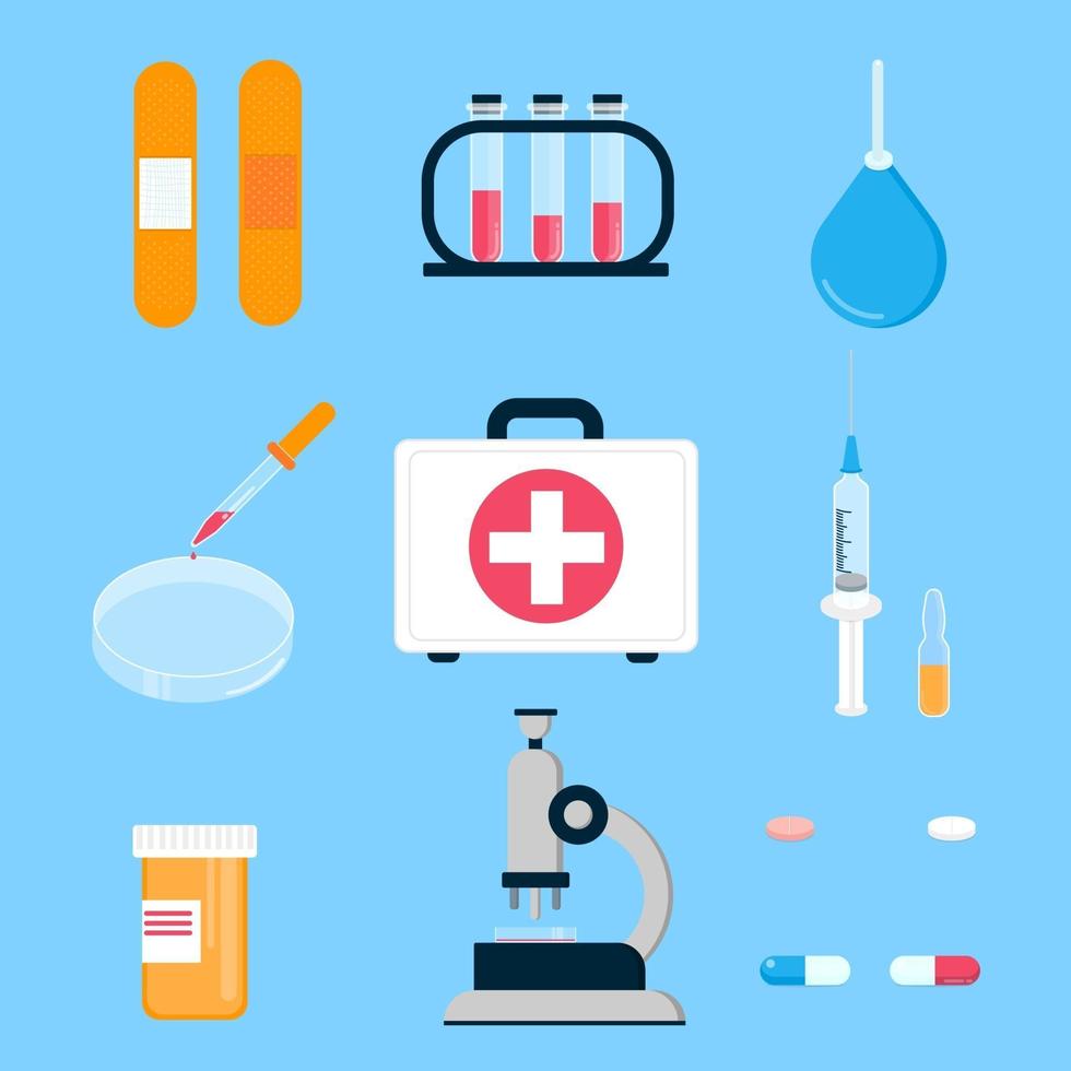 Hospital medicine first aid kit and laboratory equipment for analysis, vaccines and cure people science things  flat style design vector illustration isolated on background.