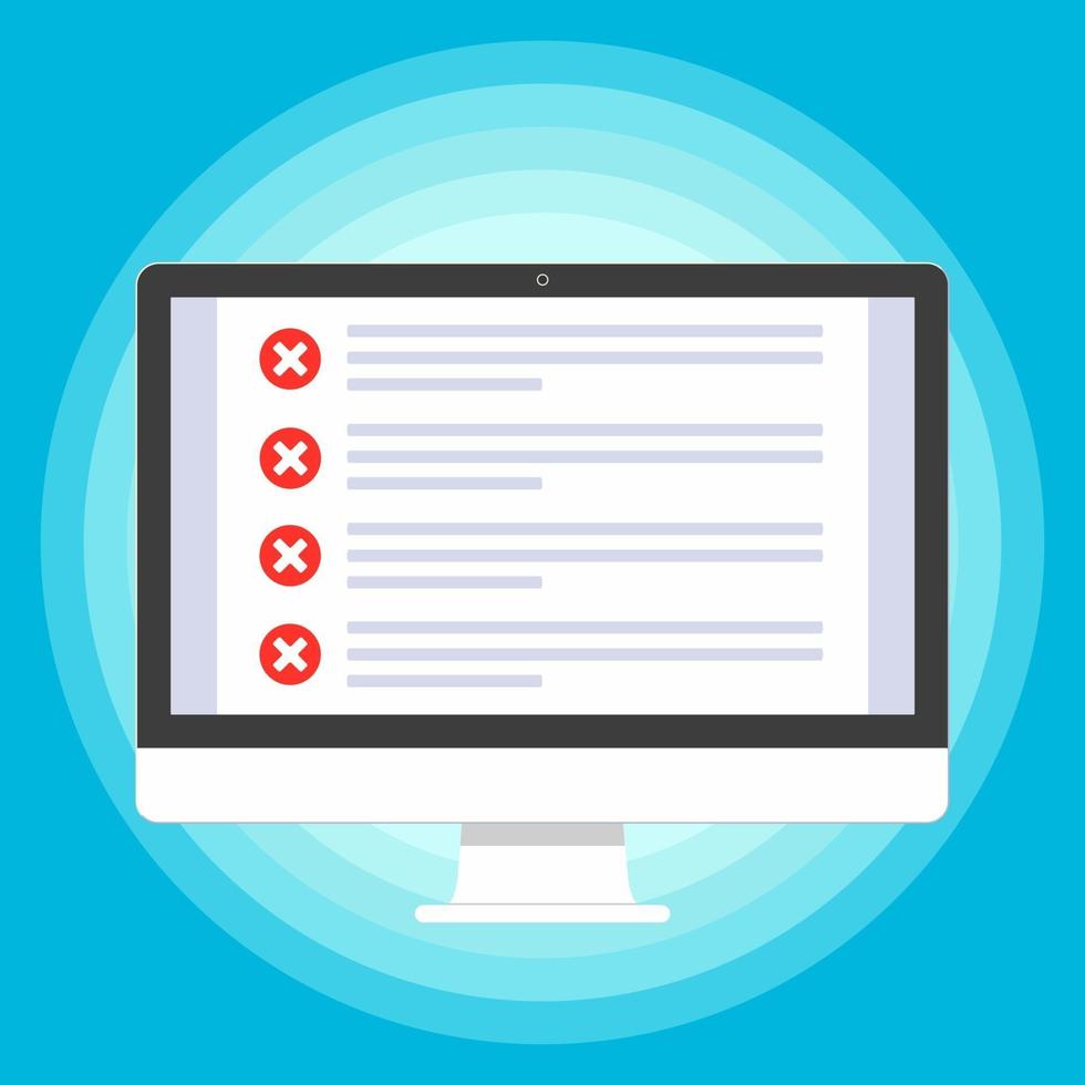 Monitor or All in one pc flat design with check marks cross x  on the screen icon signs vector illustration. Technology concept of online survey fill out isolated on blue circle background.