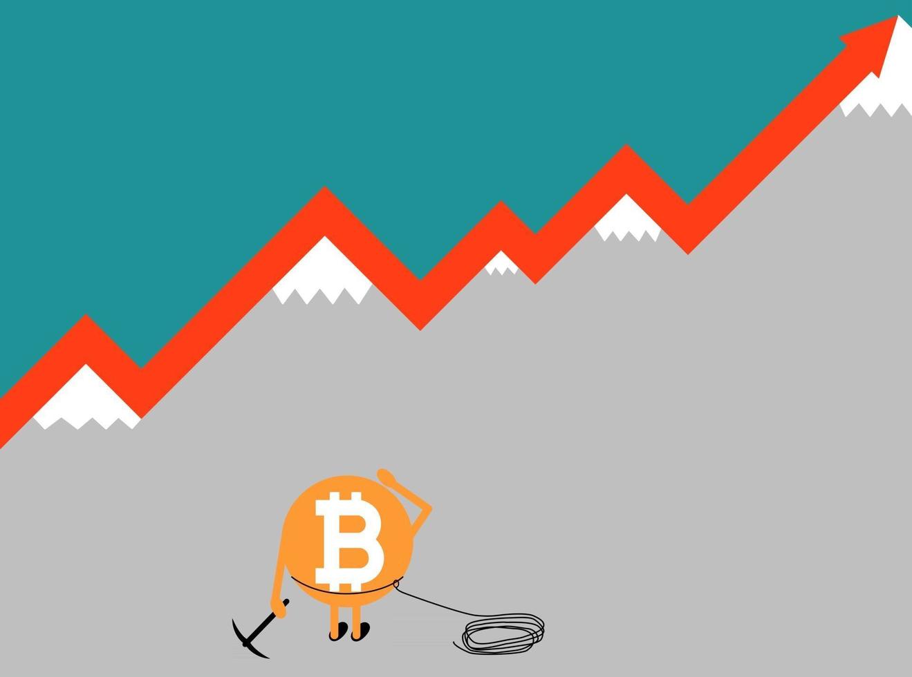 Bitcoin crypto currency growing concept vector illustration. Bitcoin caracter with pick axe an mountains. Increase graph in the air.