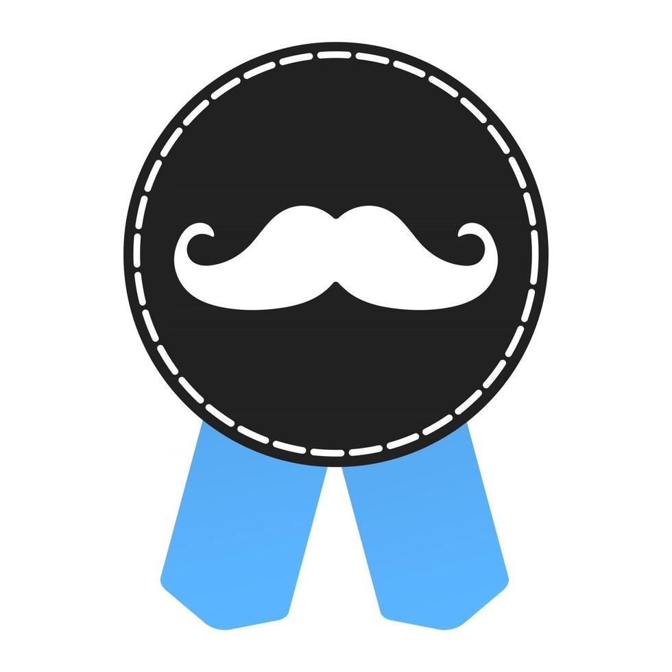 Prostate cancer awareness symbol information. Men support badge label with blue ribbon, mustaches and badge pin flat style design vector illustration isolated on white background.