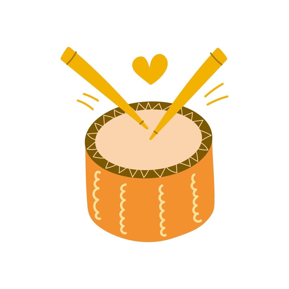 Hand drawn drum, musical instrument. Flat illustration. vector