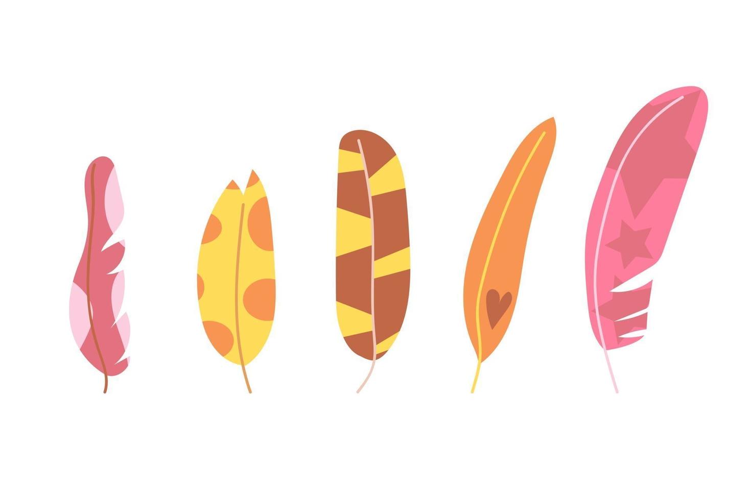 Set of hand drawn bright color feathers, modern and abstract. Flat illustration. vector
