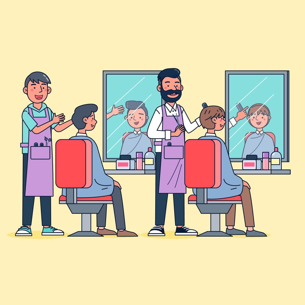 Cartoon style. Set of barbershop, isolated barber is styling the customers' hair in the barber shop. vector