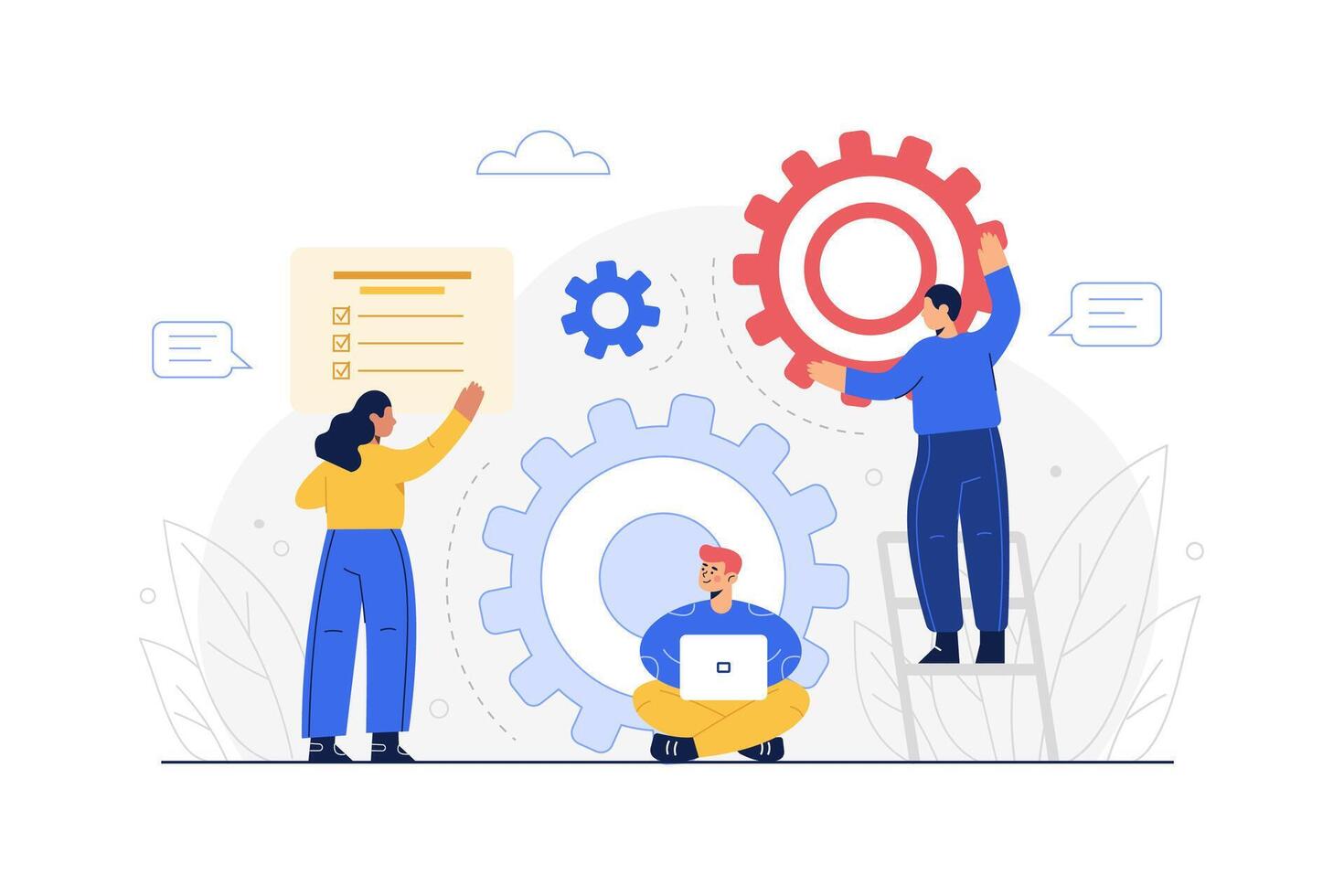 Cartoon style. Driving the organization consists of working from many departments within the company. vector