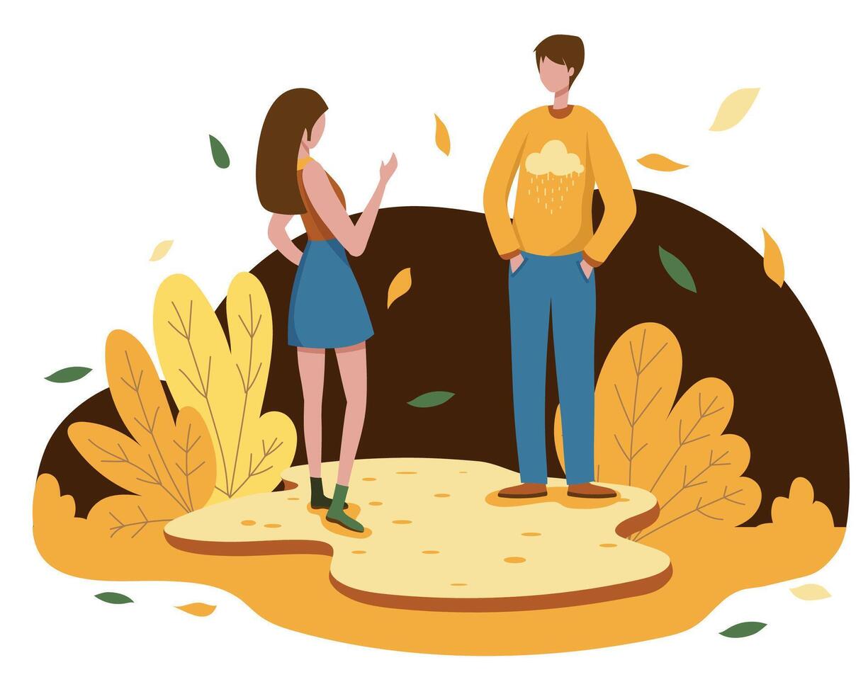 A young woman and a boyfriend go on a relaxing autumn trip. vector