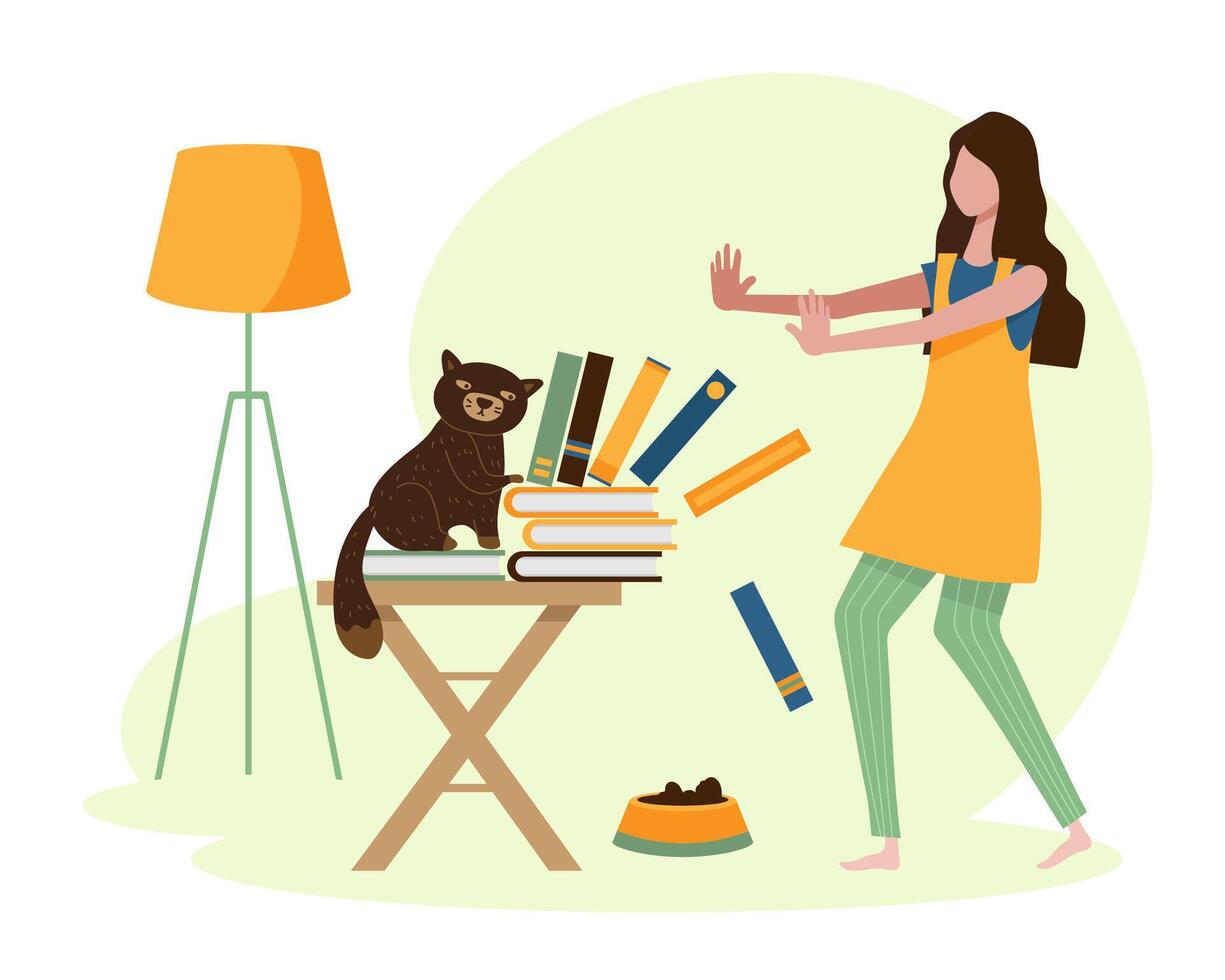 A young woman on vacation at home with her mischievous cat. vector