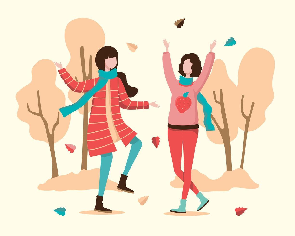 A young woman and a close friend go on a relaxing autumn trip. vector