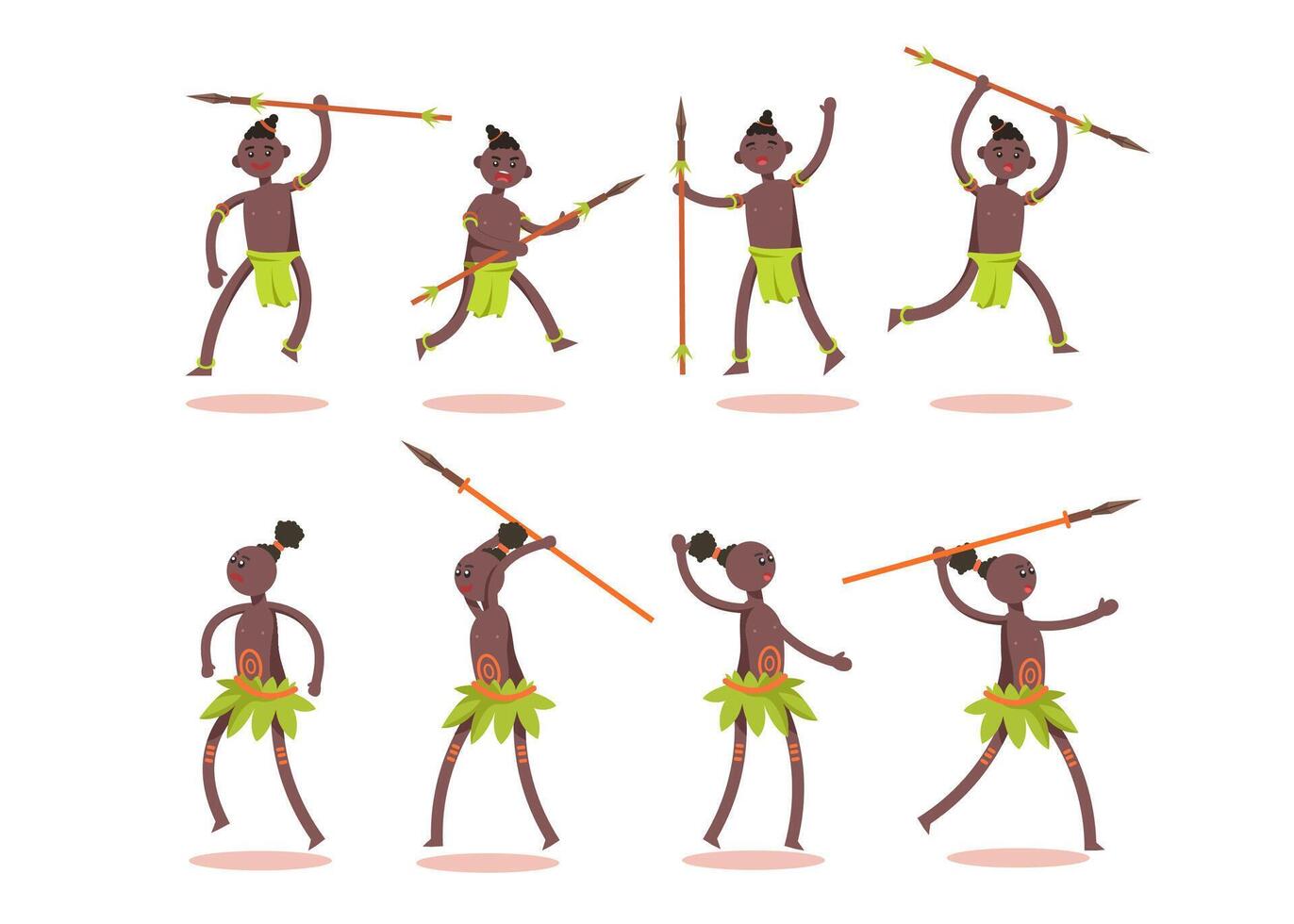 Bundle of African tribe character set with a spear 8 gestures vector