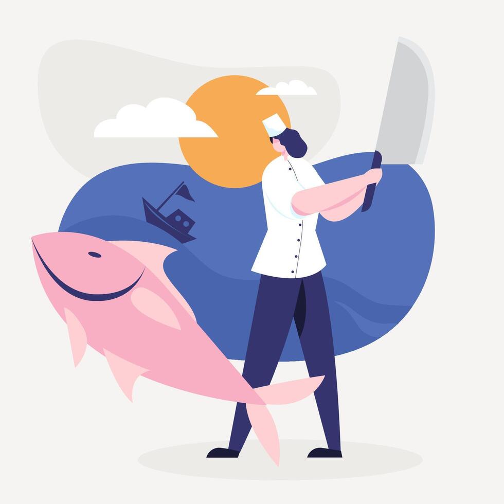 The chef prepares food for customers who come to service at the restaurant. vector