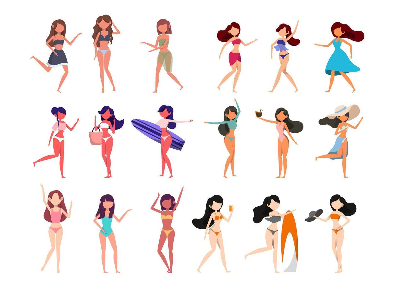 paquete de 6 juegos de personajes femeninos, 18 poses de mujer en traje de baño con equipo vector