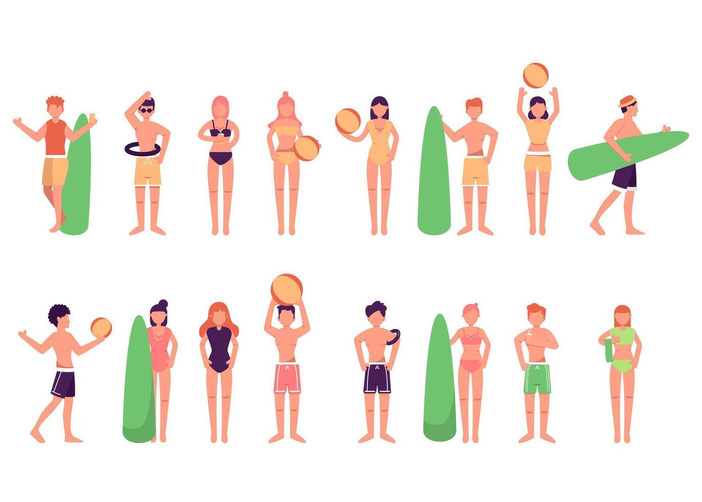 paquete de 4 conjuntos de personajes, 16 poses de hombres y mujeres en traje de baño con equipo vector