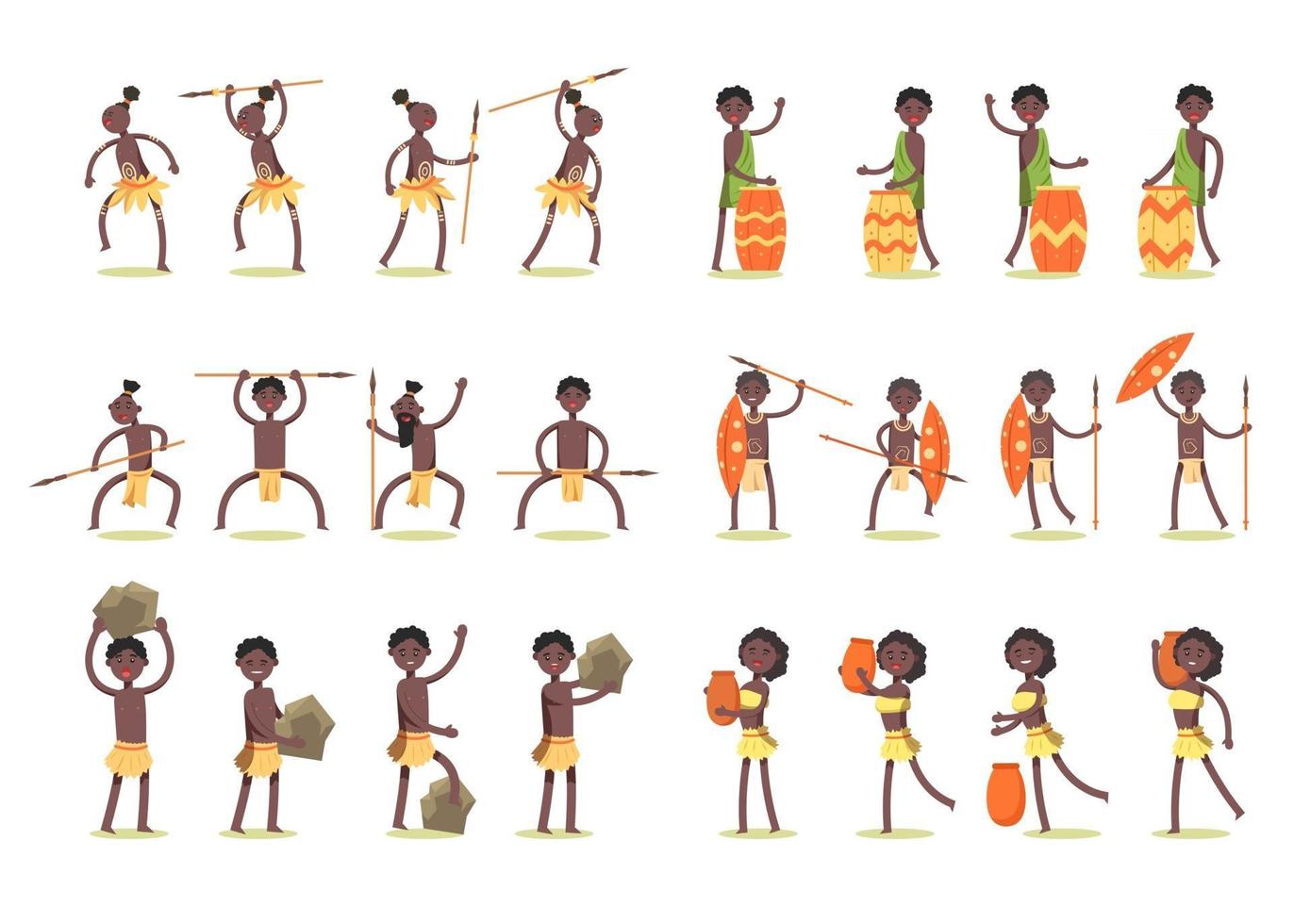 paquete de caracteres de la tribu africana 6 con 24 gestos. vector