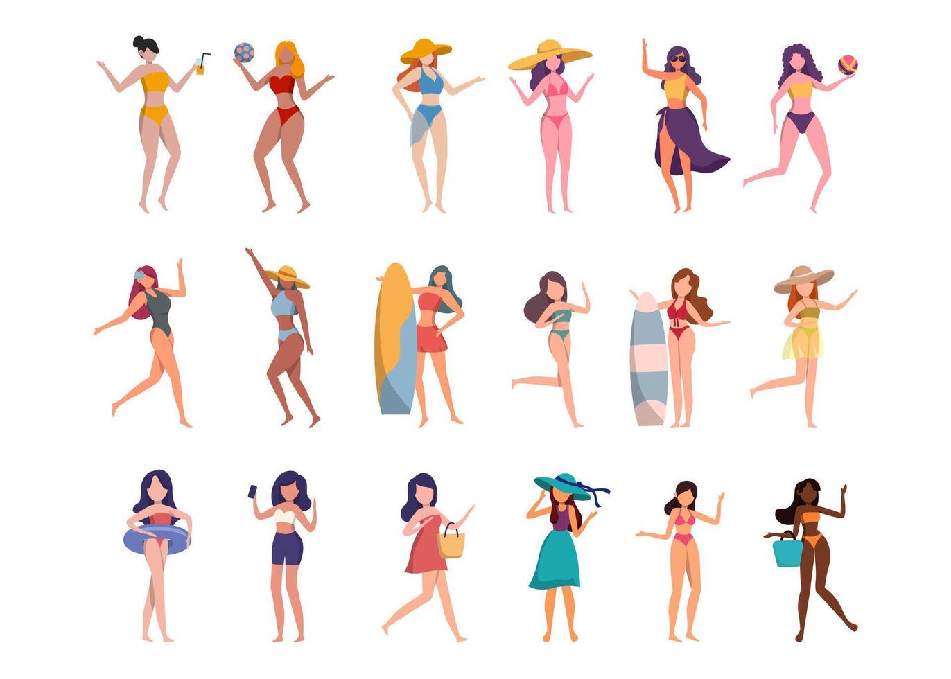 paquete de personajes femeninos 3 conjuntos, 18 poses de mujer en traje de baño con equipo vector