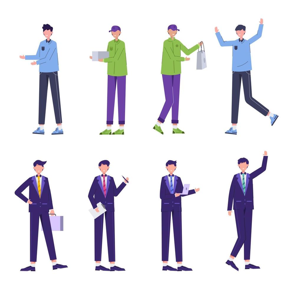 Bundle of businessman and delivery character sets, 8 poses of various professions, lifestyles, career vector