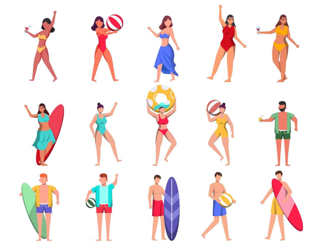 paquete de personajes femeninos 3 conjuntos, 15 poses de mujer en traje de baño con equipo vector