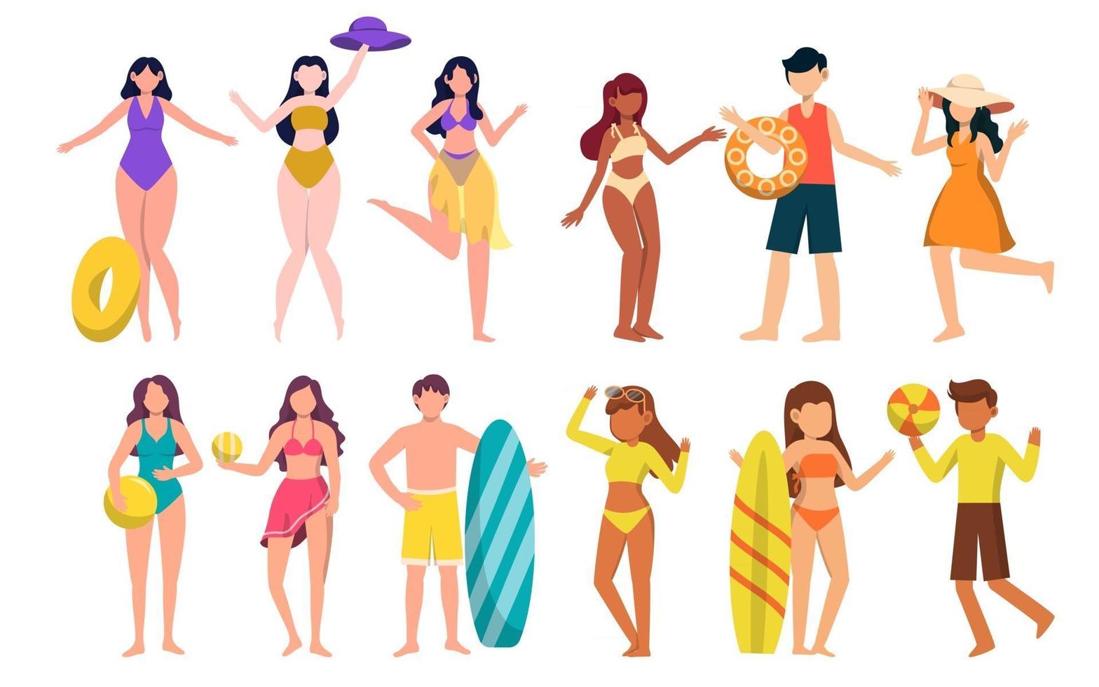 Bundle of woman character 4 sets, 12 poses of female in swimming suit with gear vector