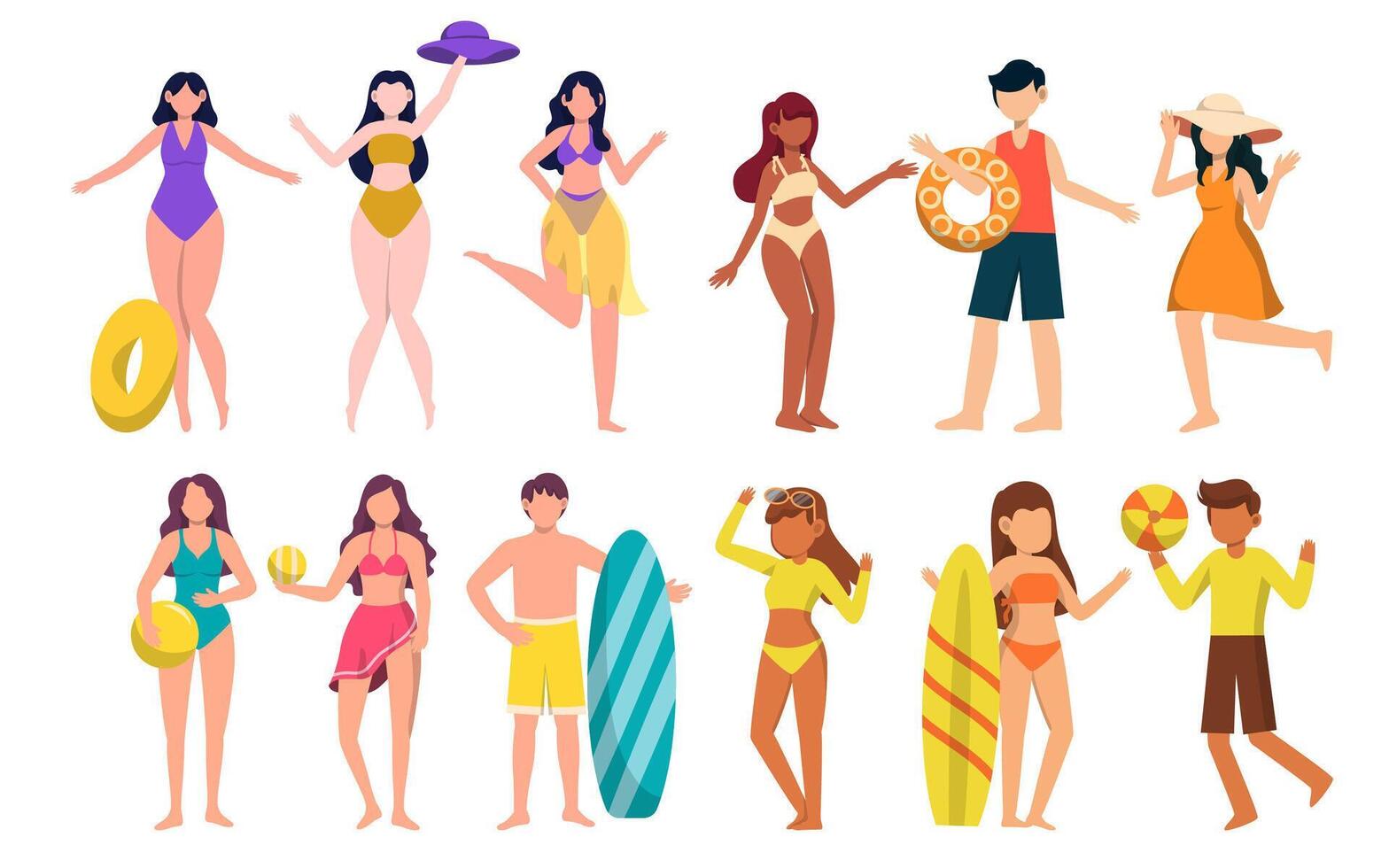 Bundle of woman character 4 sets, 12 poses of female in swimming suit with gear vector