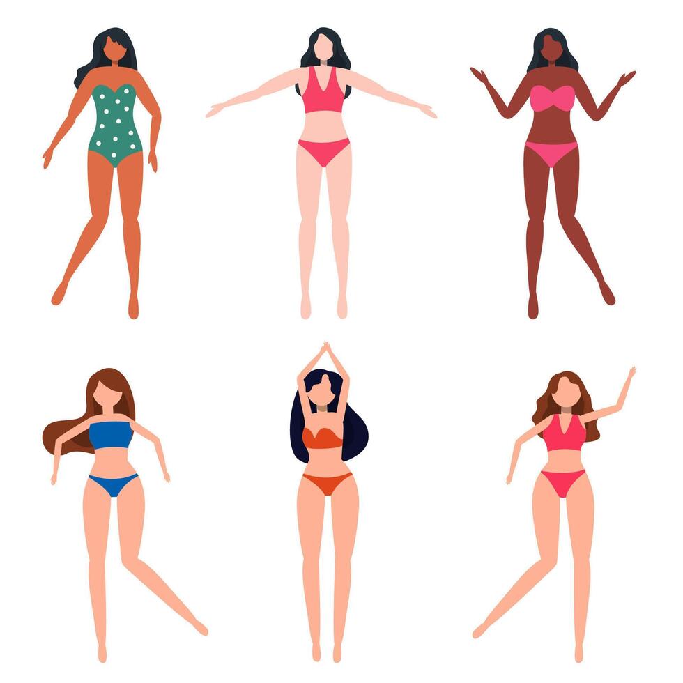 Bundle of woman character 1 sets, 6 poses of female in swimming suit with gear vector