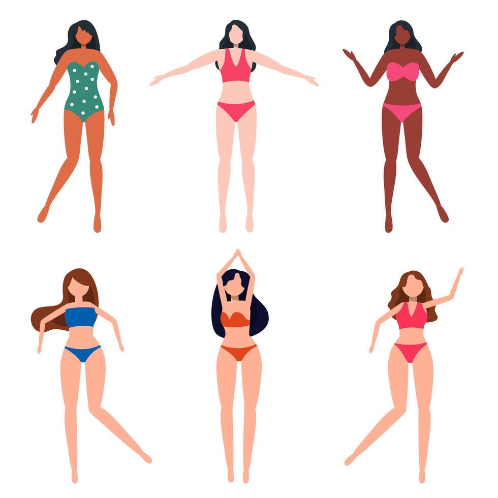 paquete de conjuntos de caracteres de mujer 1, 6 poses de mujer en traje de baño con equipo vector