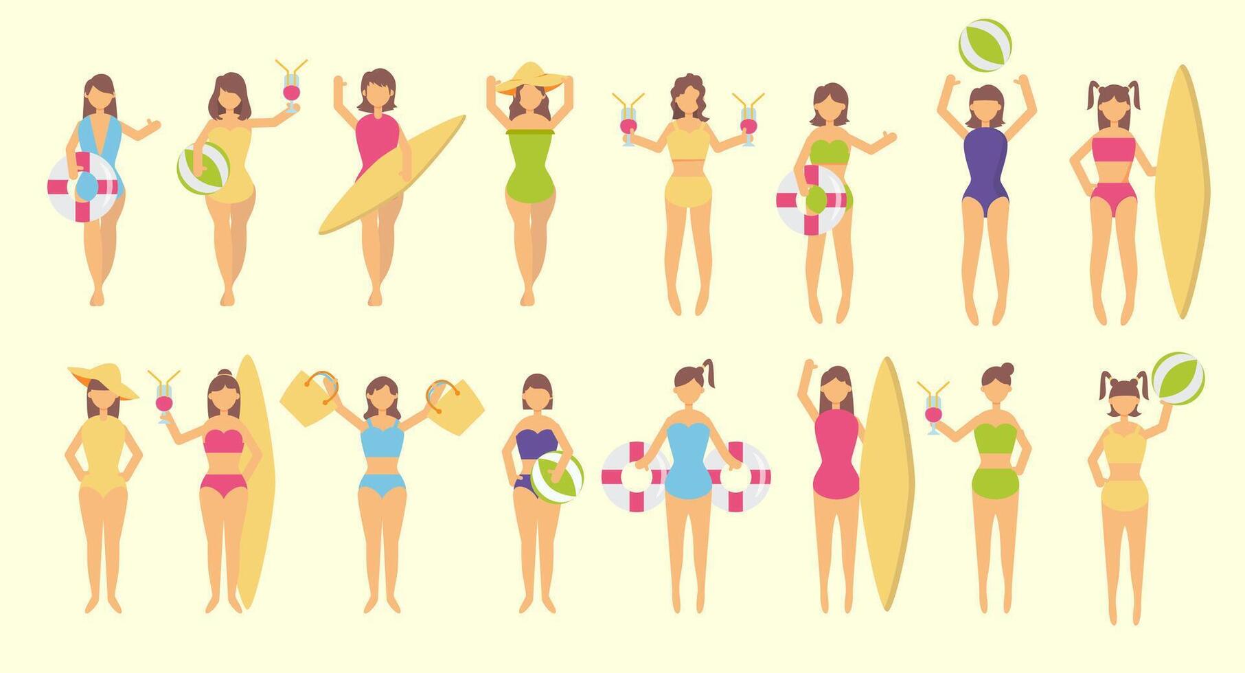 Bundle of woman character 4 sets, 16 poses of female in swimming suit with gear vector