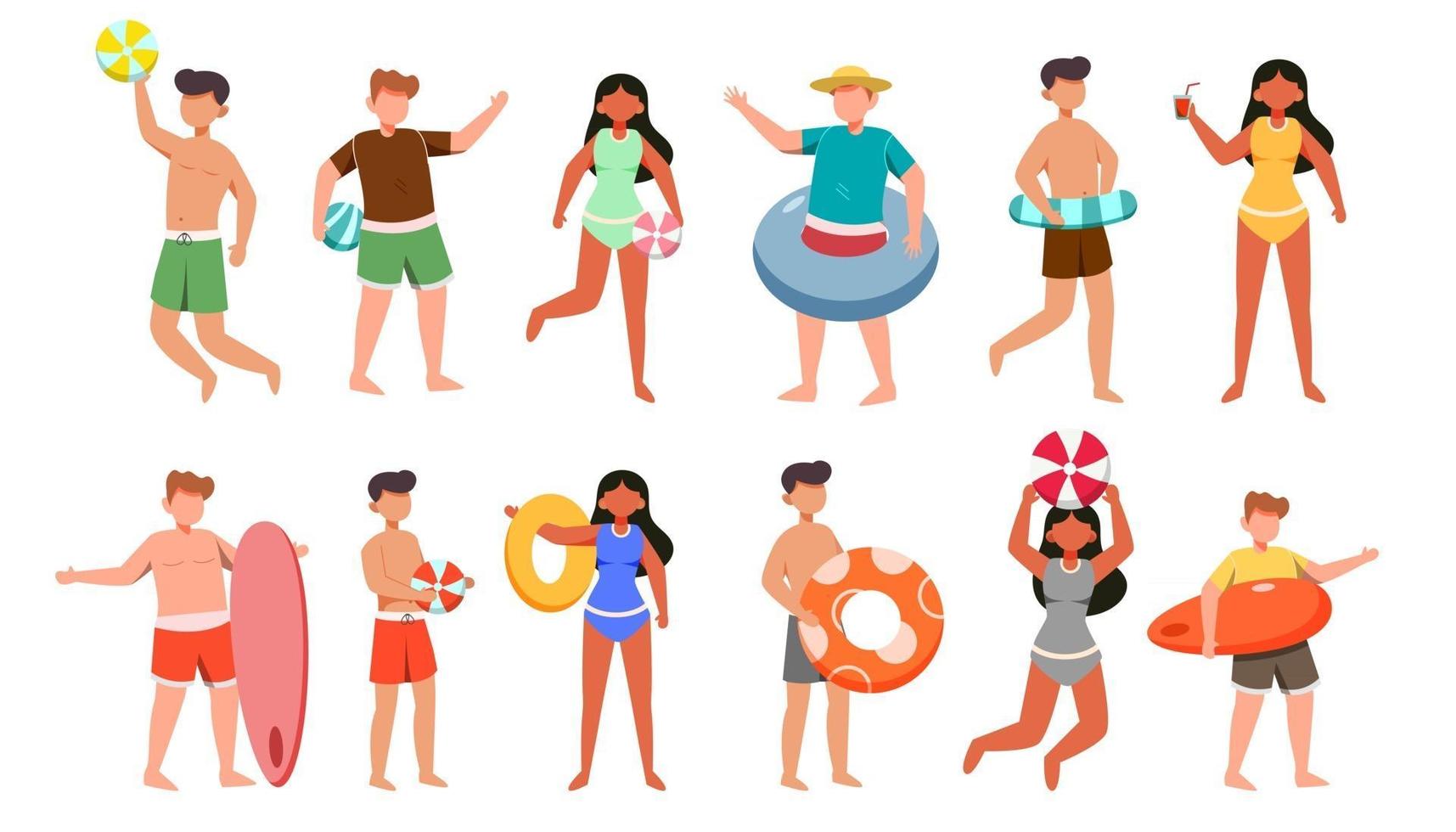 paquete de 4 conjuntos de personajes de hombre y mujer, 12 poses de mujer en traje de baño con equipo vector