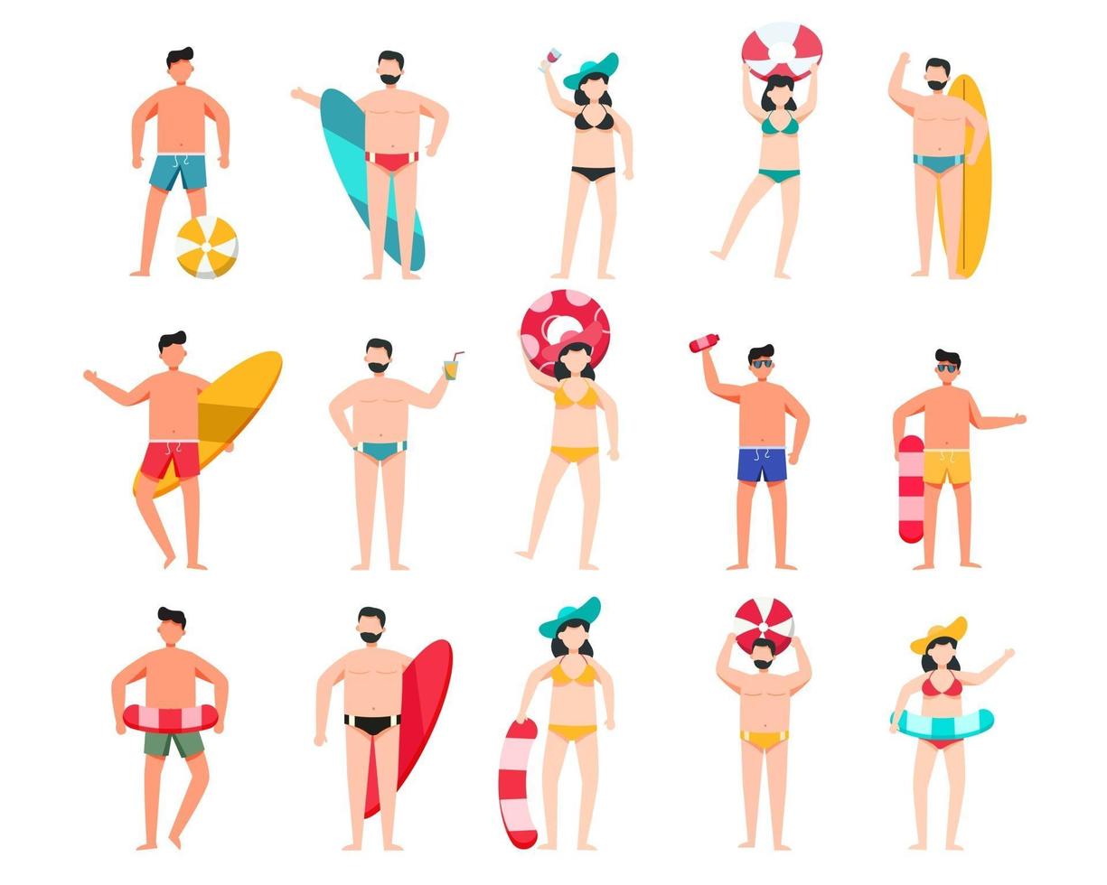 Bundle of man and woman character 3 sets, 15 poses of female in swimming suit with gear vector