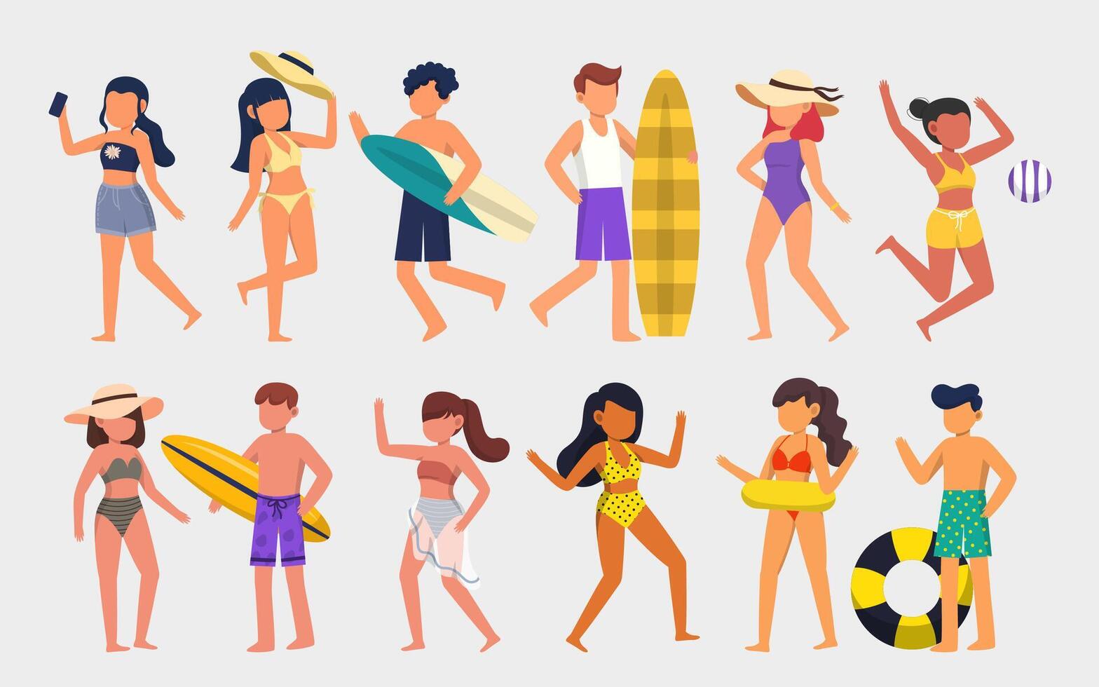 paquete de 4 conjuntos de personajes de hombre y mujer, 12 poses de mujer en traje de baño con equipo vector