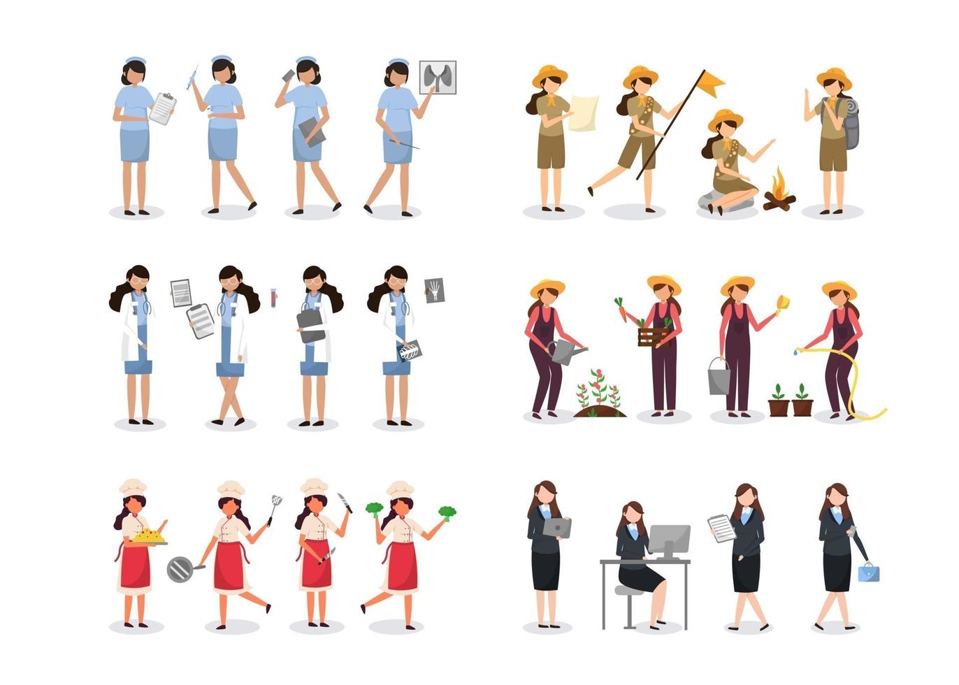 paquete de 4 conjuntos de caracteres femeninos, 16 poses de diversas profesiones, estilos de vida vector