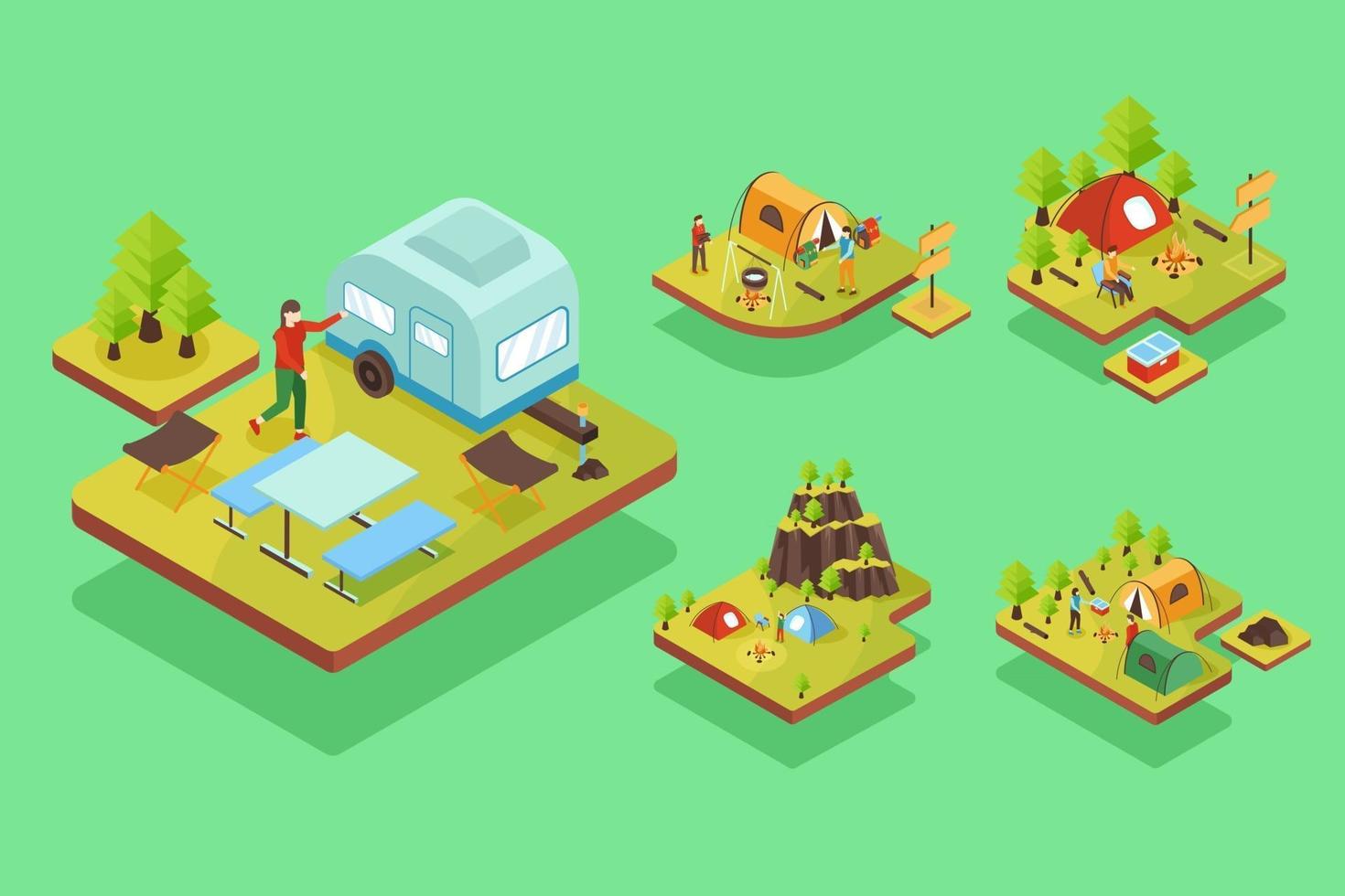 vacaciones de ilustración vectorial isométrica y concepto de camping vector